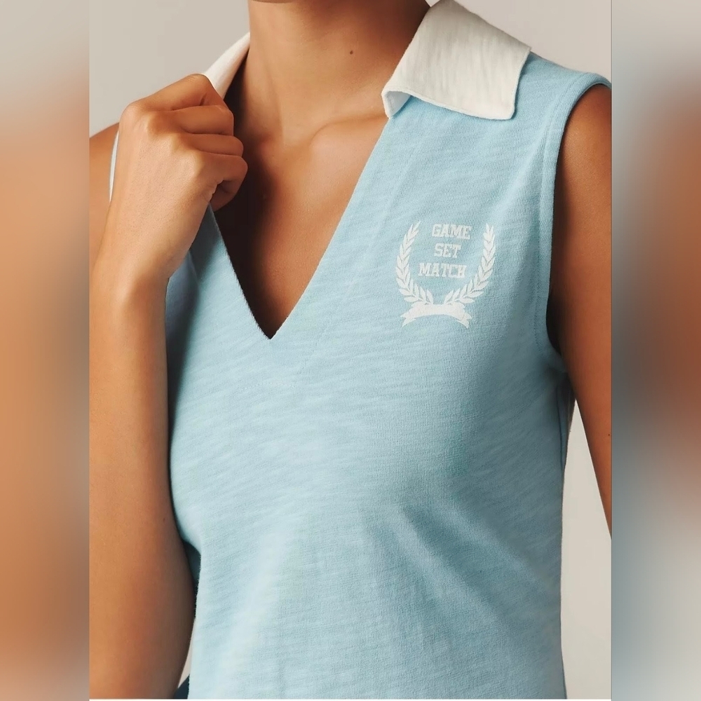 Sundry x Anthropologie Sleeveless Polo Mini Dress in Chambray Blue, Size Small - Picture 2 of 13